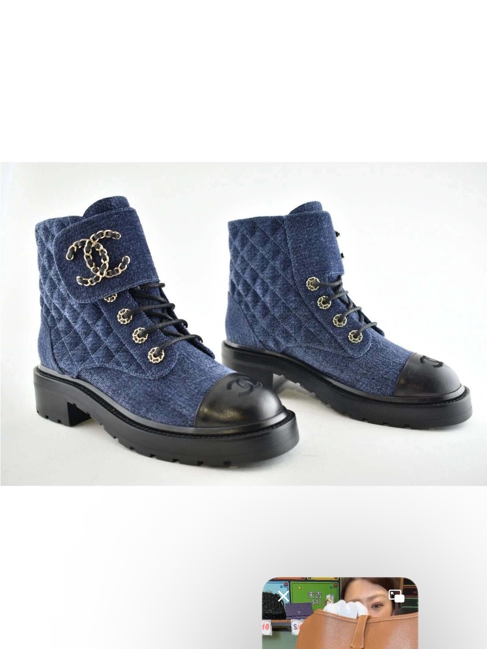 Chanel Calfskin Denim Velvet Quilted Lace-Up Combat Boots
